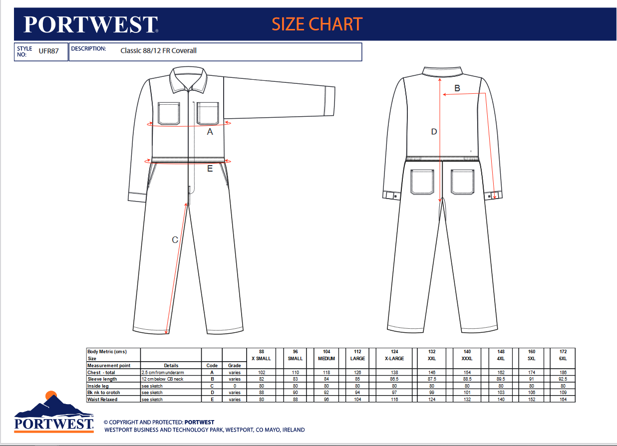 UFR88 Portwest® Bizflame® 88/12 Flame-Resistant ARC2 Coveralls - Size Guide